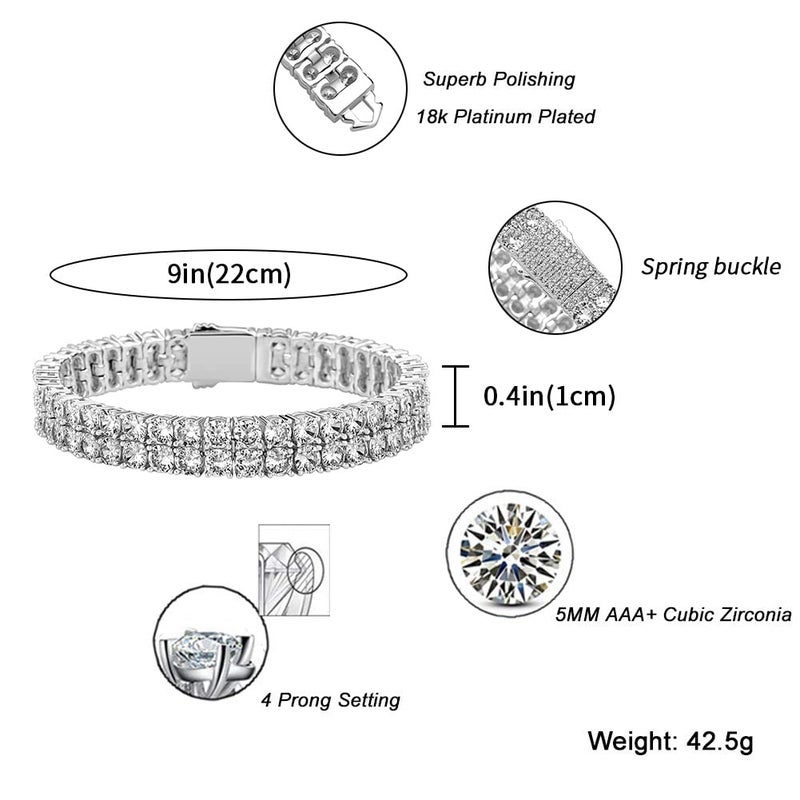 JINAO 2 Rows Silver Tennis Bracelet Iced Out Cubic Zirconia Lab Simulated Diamond Bracelet 14K Gold Plated Wrist Chain for Women Mens Accessories Hip Hop Jewelry (9" Silver) - Image 2
